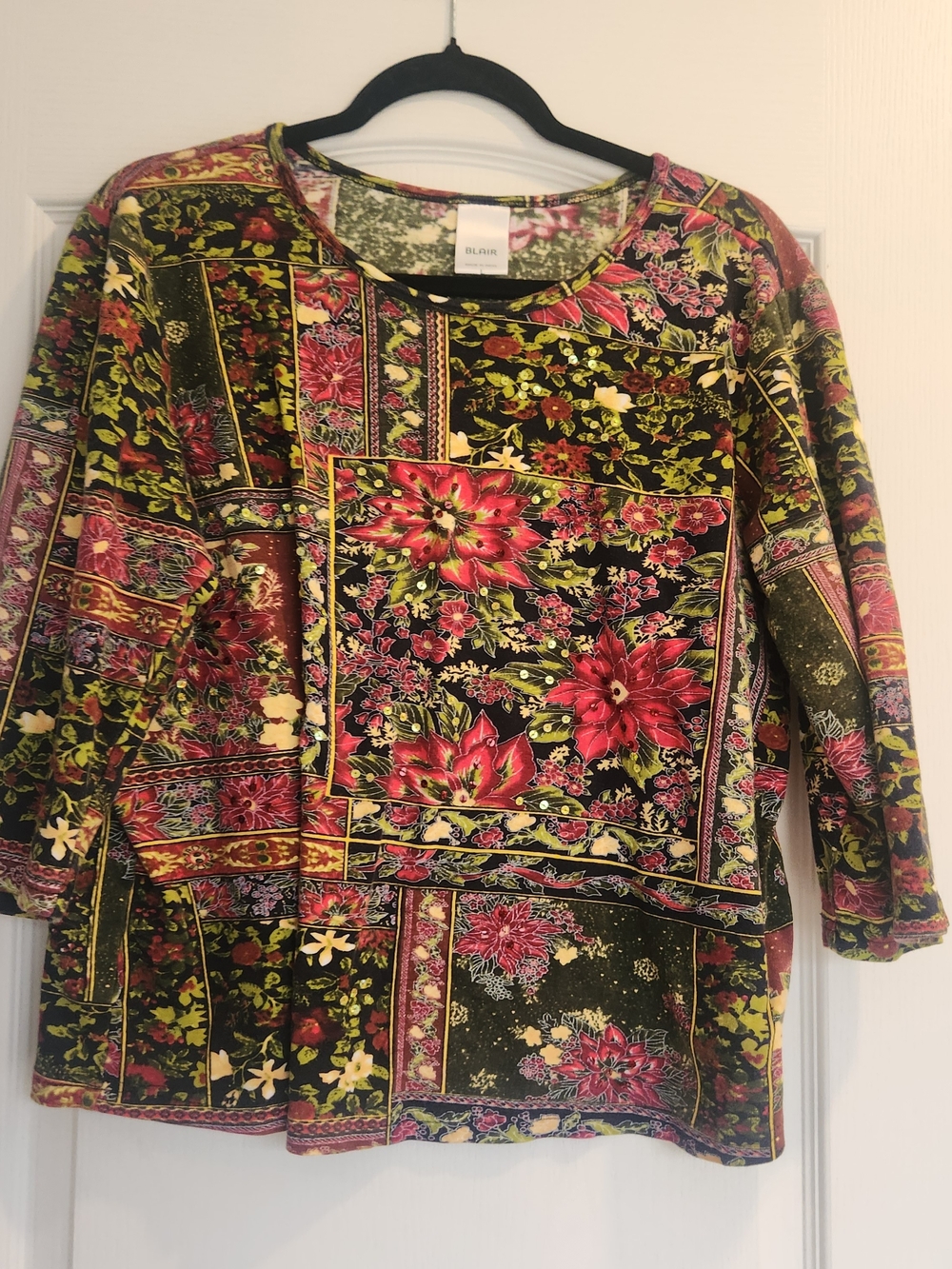 Blair Black Floral Patchwork Long Sleeve Top with Pink & Green Accents L Euc